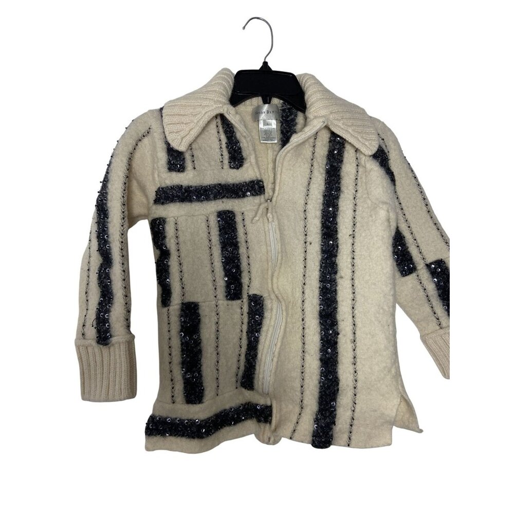 Susan Bristol 100% Wool Blend Hand Embroidered Sequin Zip-Up Cardigan Sweater Gi